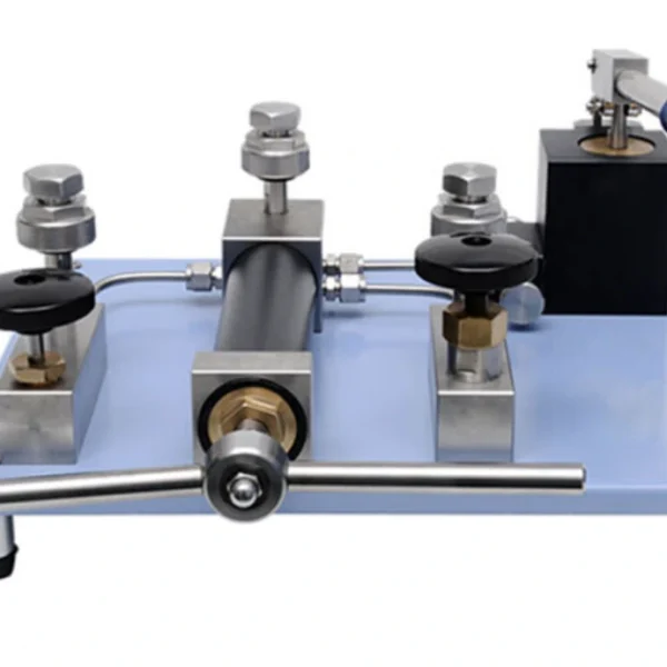 HS721 pneumatic comparator bench setup with dual gauge calibration ports